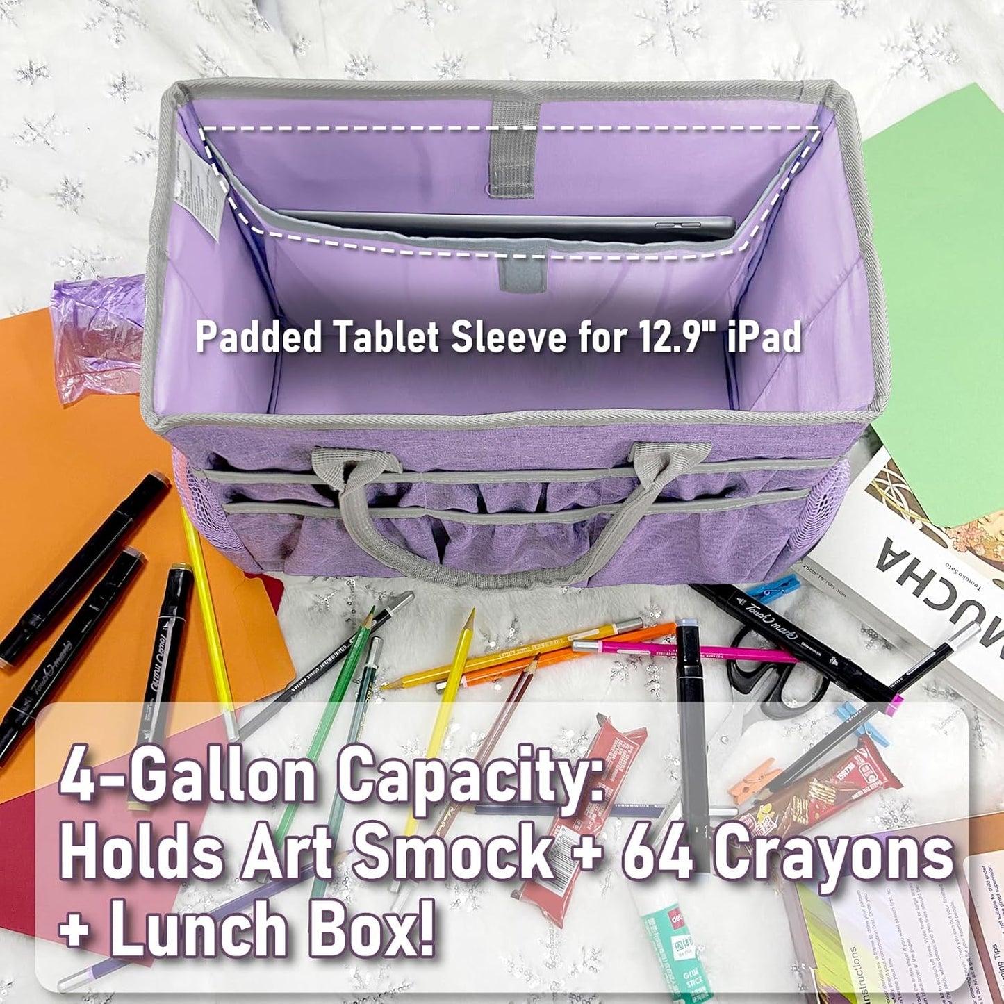 Cupohus Craft Organizer Tote Bag – Craft Caddy with 2 Mesh Side Pockets & Front Elastic Pockets, Foldable Large Capacity Supply Storage Bag for Sewing, Knitting, Painting, and Travel (Purple)