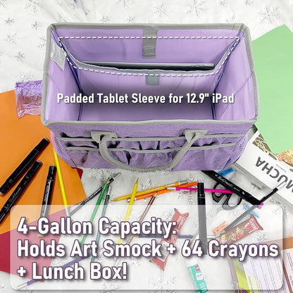 Cupohus Craft Organizer Tote Bag – Craft Caddy with 2 Mesh Side Pockets & Front Elastic Pockets, Foldable Large Capacity Supply Storage Bag for Sewing, Knitting, Painting, and Travel (Purple)