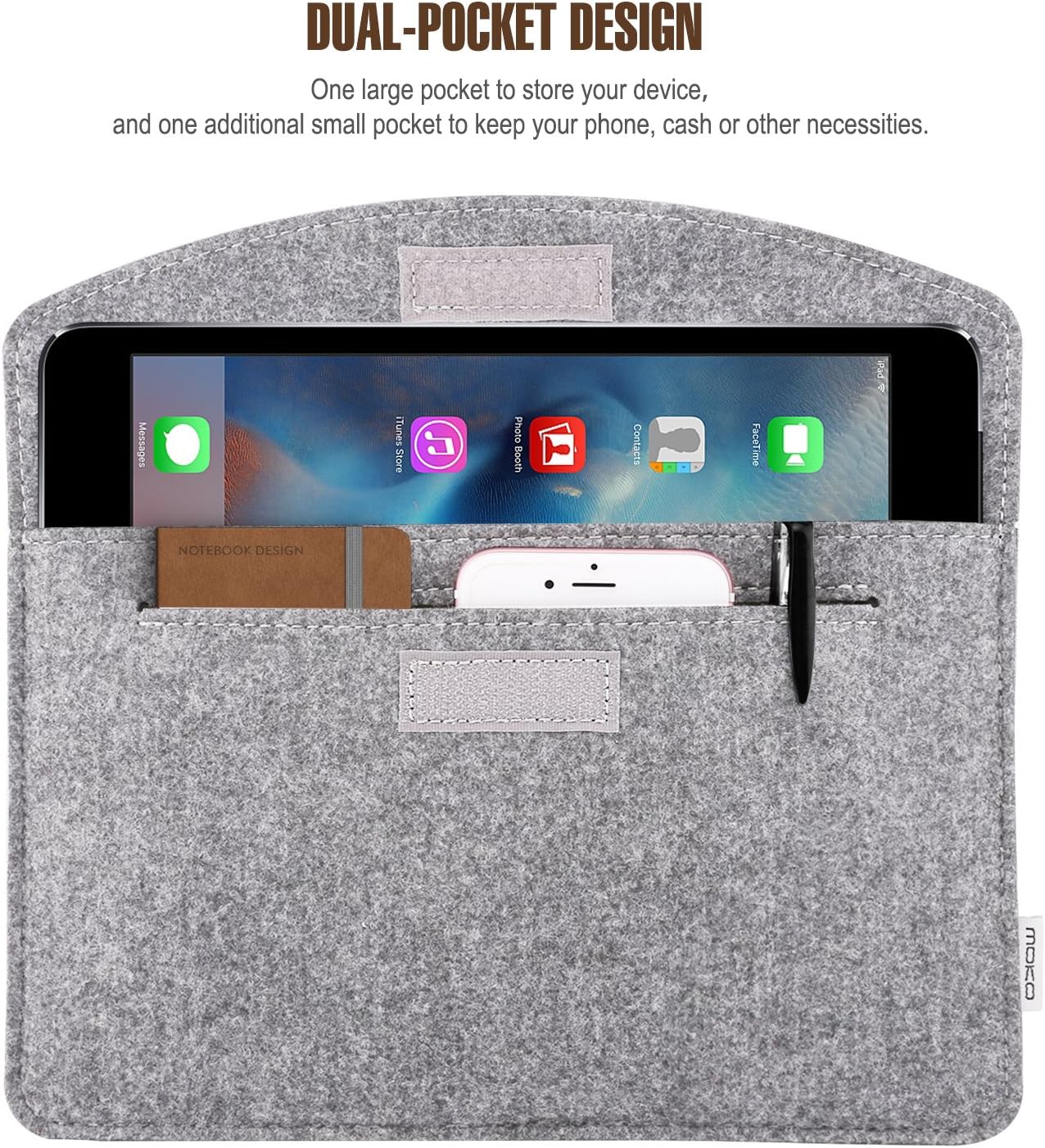 MoKo 9-11 Inch Felt Tablet Sleeve Bag Carrying Case Fits with New 11-inch iPad Air M2, New 11-inch iPad Pro M4, iPad 10th Gen 10.9, iPad 9/8/7th 10.2, iPad Air 5/4th 10.9, iPad 9.7 - Dark Gray