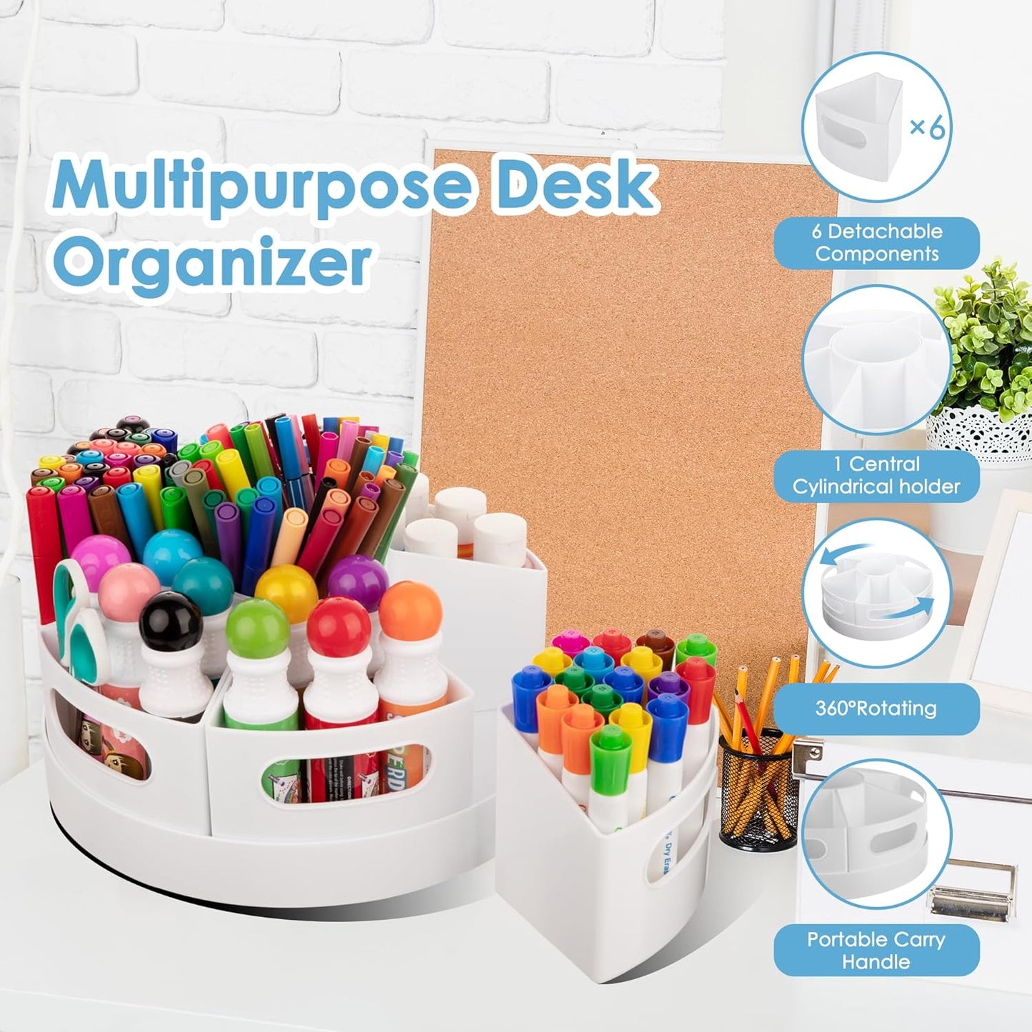 CraftGenes Art Supplies Organizer, Extra Large 360° Rotating Desk Organizer with 7 Removable Compartments, Marker Organizer for Home, Office, and Classroom, Crayon Holder