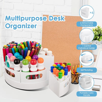 CraftGenes Art Supplies Organizer, Extra Large 360° Rotating Desk Organizer with 7 Removable Compartments, Marker Organizer for Home, Office, and Classroom, Crayon Holder