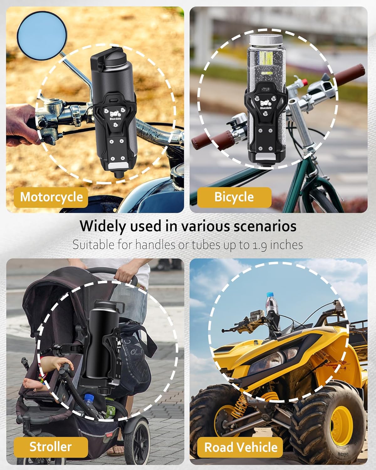 Extra Large Motorcycle ATV Cup Holder, Adjustable Drink Holder for 1.9 – 3.6" Water Bottle, Bluedale Universal Anti Theft Bike Bottle Cage Handlebar for Bicycle, Stroller, Scooter, Wheelchair, Boat