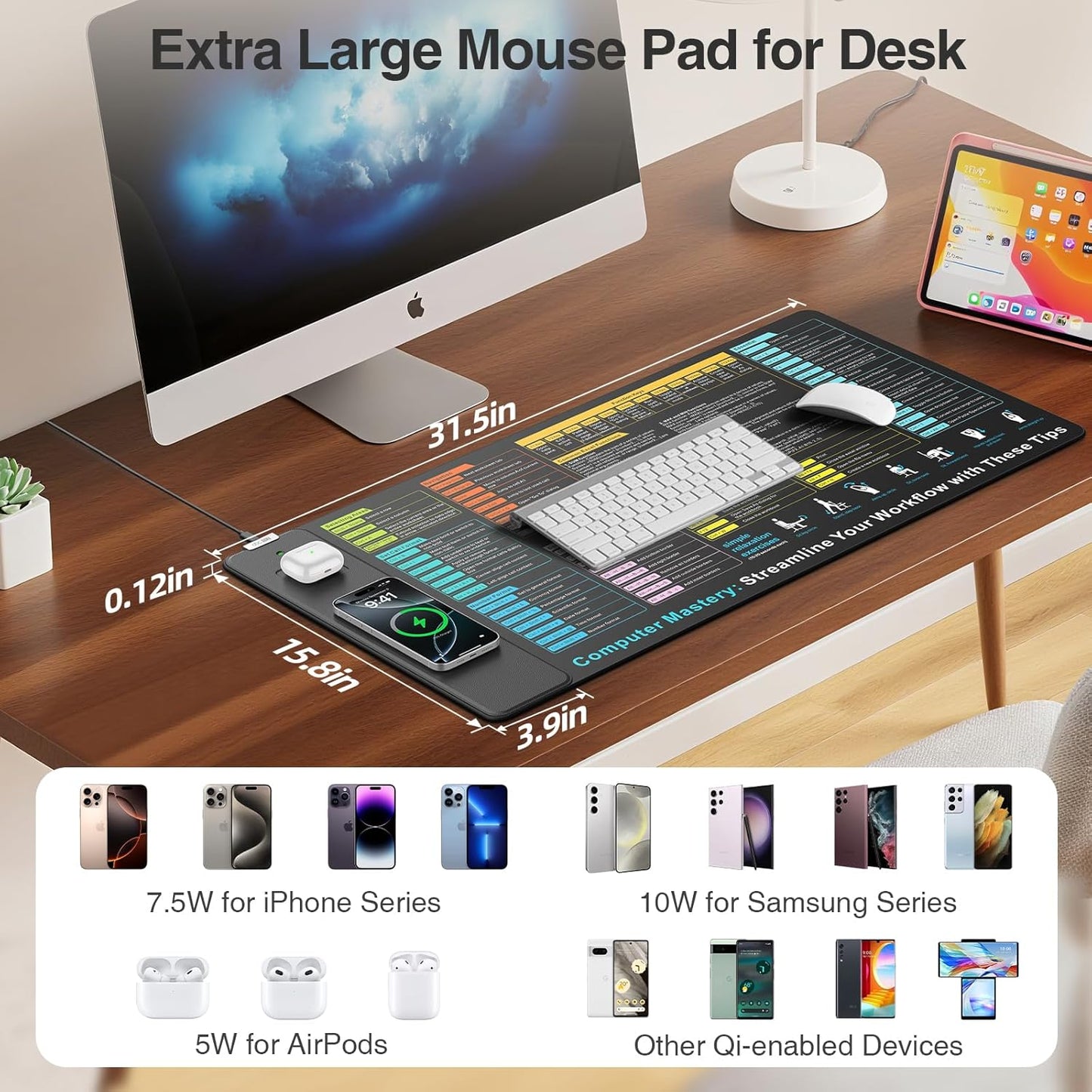 Wireless Charging Mouse Pad with Foldable Phone Holder, 31.5"x15.8" Large Desk Mat for Laptop/Keyboard, Waterproof Ultra-Smooth Surface, Non-Slip Base, Black