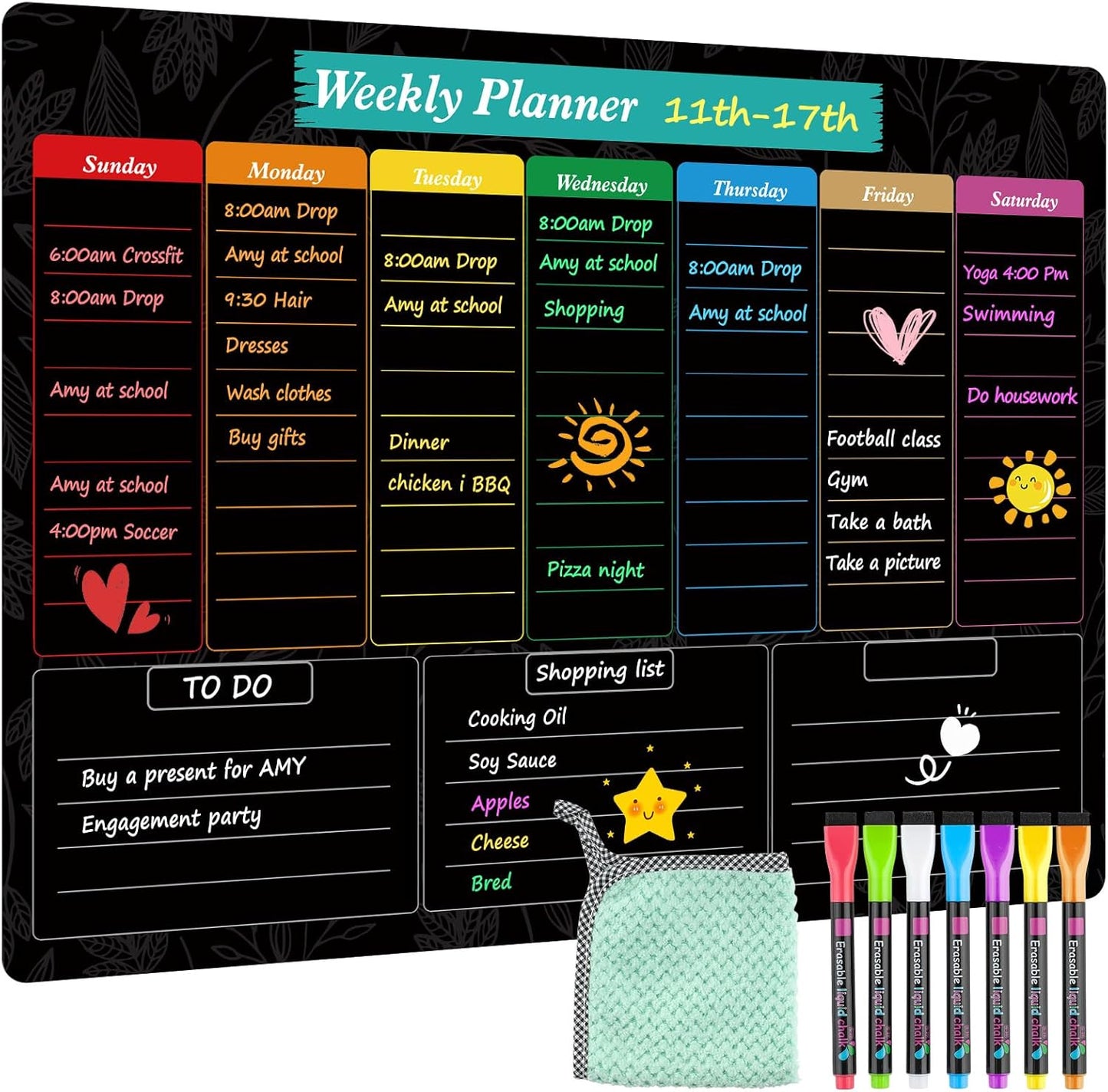 MaxGear Weekly Dry Erase Board for Fridge, 16"x12" Magnetic Calendar Whiteboard Planner for Refrigerator with Stain Resistant Technology, Include 7 Fine Point Markers and 1 Eraser