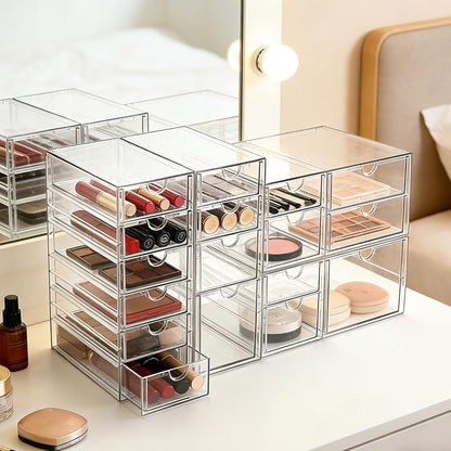 Prsildan Acrylic Drawer Makeup Organizer with 6 Drawers (Not for Baby Bottle), Set of 2 Office Desk Organizers Accessories, Clear Stackable Storage Drawers for Vanity, Craft (Largest Drawer 4" Tall)
