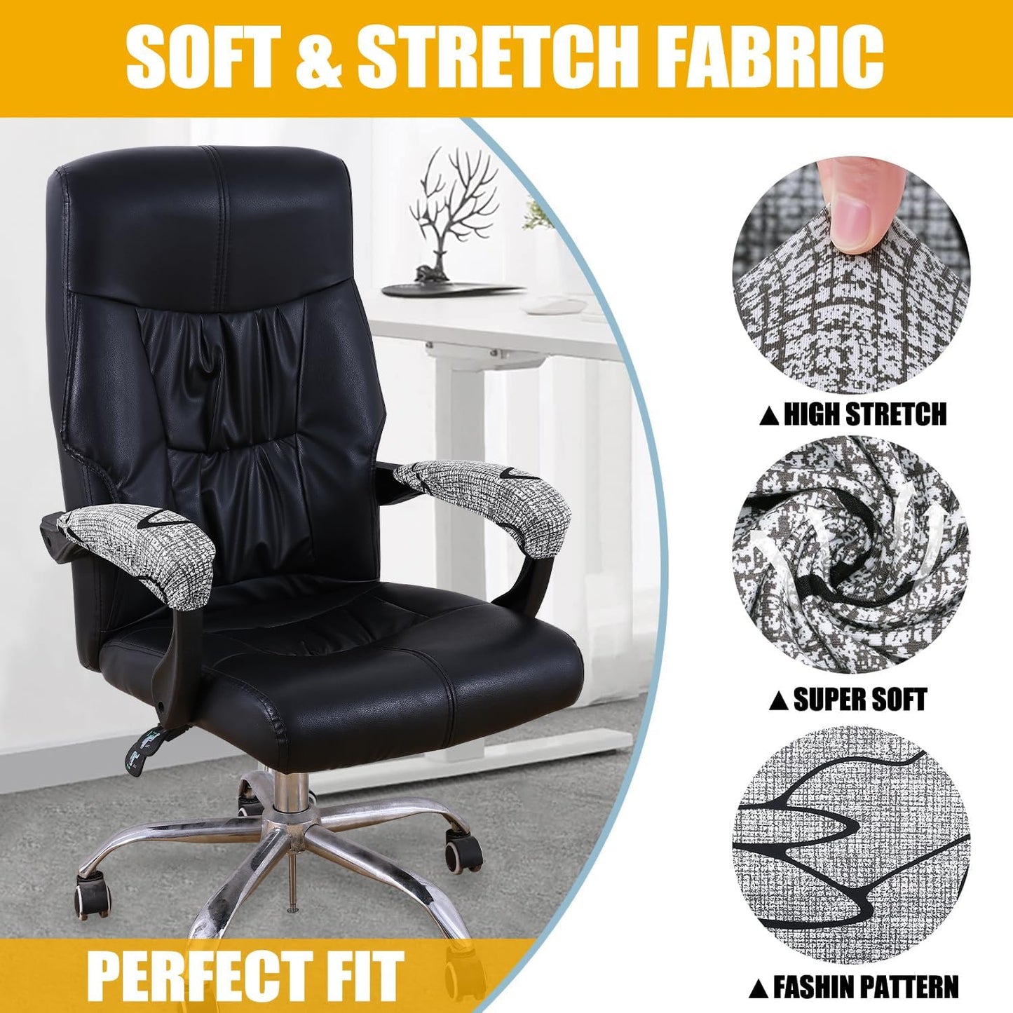 Smiry Stretch Printed Office Chair Armrest Covers, 2 Pcs Soft Fit Removable Washable Computer Desk Chair Arm Covers Protector, Black