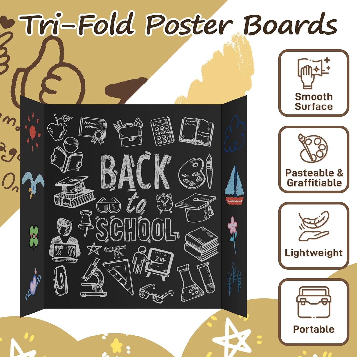 PSHVYM 4 Pcs Trifold Poster Board, 26 x 17 inches Poster Board with Double Sided Tapes and Cardboard, Corrugated Presentation/Display Board for School Project, Science Fair, Business