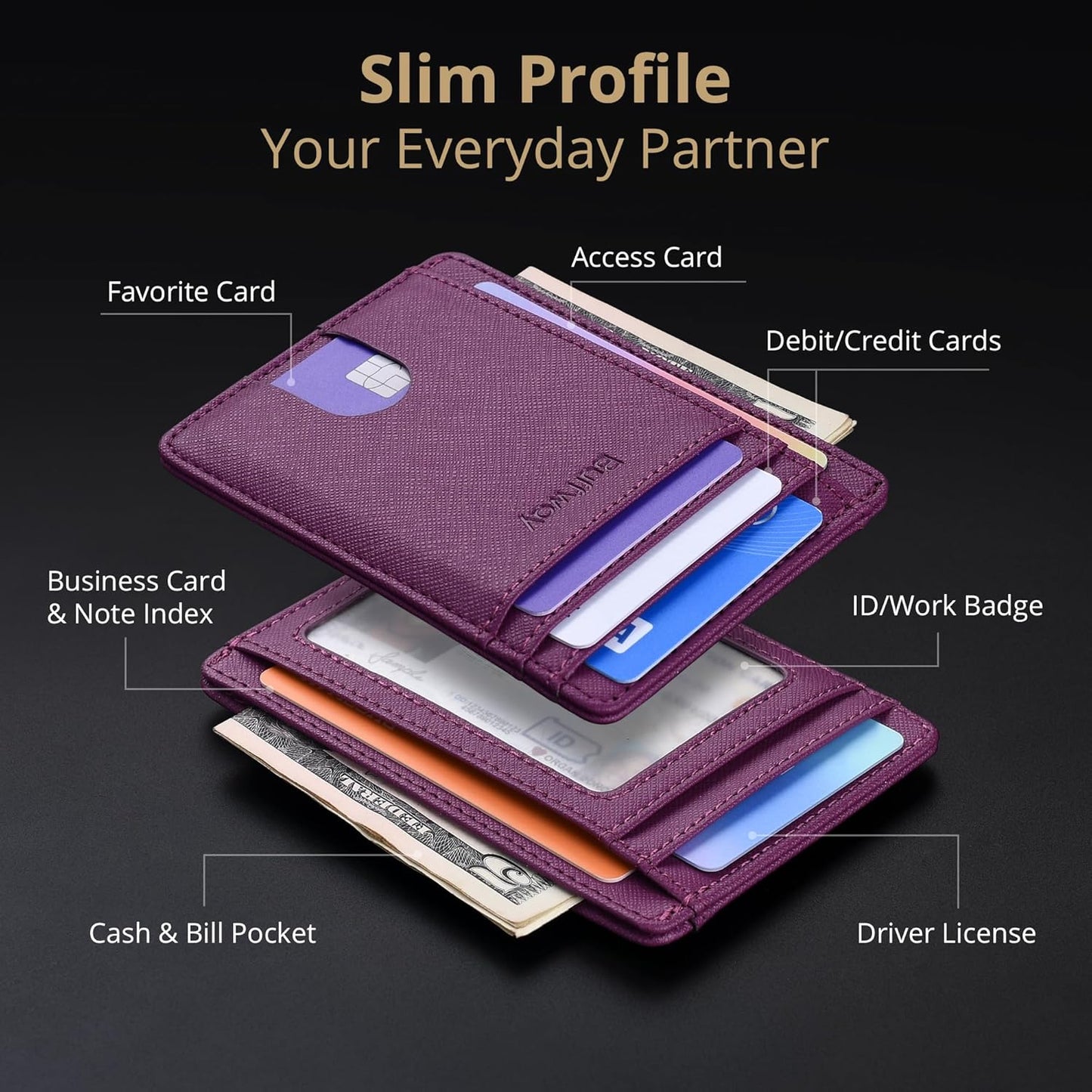 Buffway Slim Minimalist Front Pocket RFID Blocking Leather Wallets for Men and Women - Carbon Fiber Black - Colors B