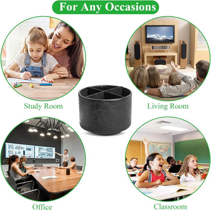 Round Leather Art Supply Organizer,Remote Control Holder,360 Degree Rotating,Multi-Functional Pencil Holder,4 Compartments Desktop Stationary Organizer(1-Fractal Flower) | Round - Colors A