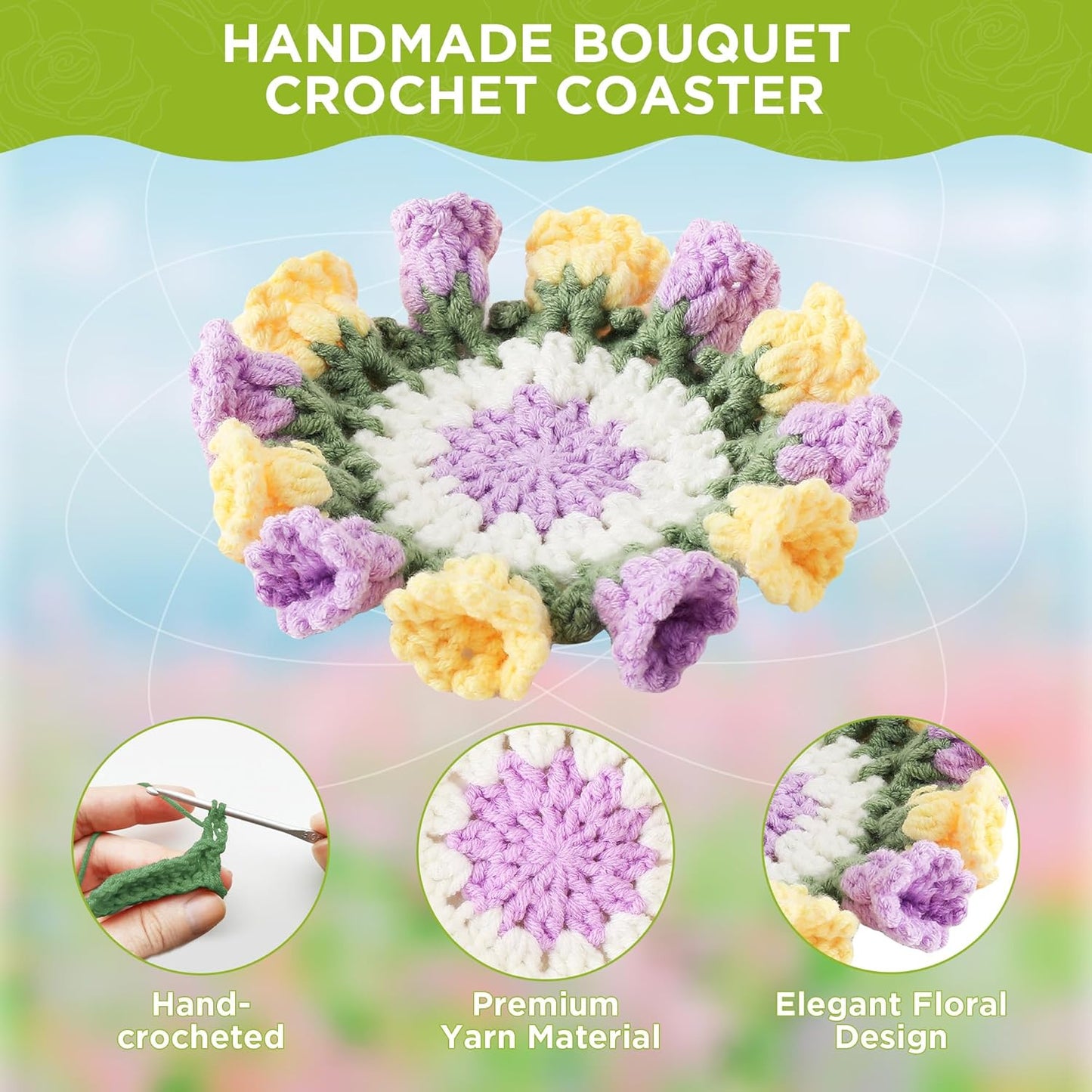 Flower Crochet Coasters, Handmade Bouquet Blanket Coaster with Crochet Plant Pot Fun Soft Decorative Drink Coasters for Coffee Tabletop Protection and Home Decor (Pink, 1Pc)