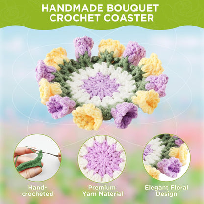 Flower Crochet Coasters, Handmade Bouquet Blanket Coaster with Crochet Plant Pot Fun Soft Decorative Drink Coasters for Coffee Tabletop Protection and Home Decor (Pink, 1Pc)