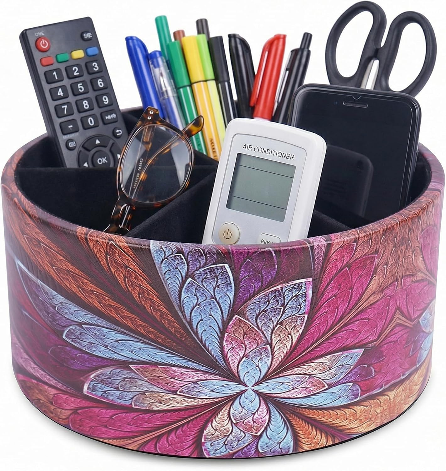 Round Leather Art Supply Organizer,Remote Control Holder,360 Degree Rotating,Multi-Functional Pencil Holder,4 Compartments Desktop Stationary Organizer(1-Fractal Flower) | Round - Colors A