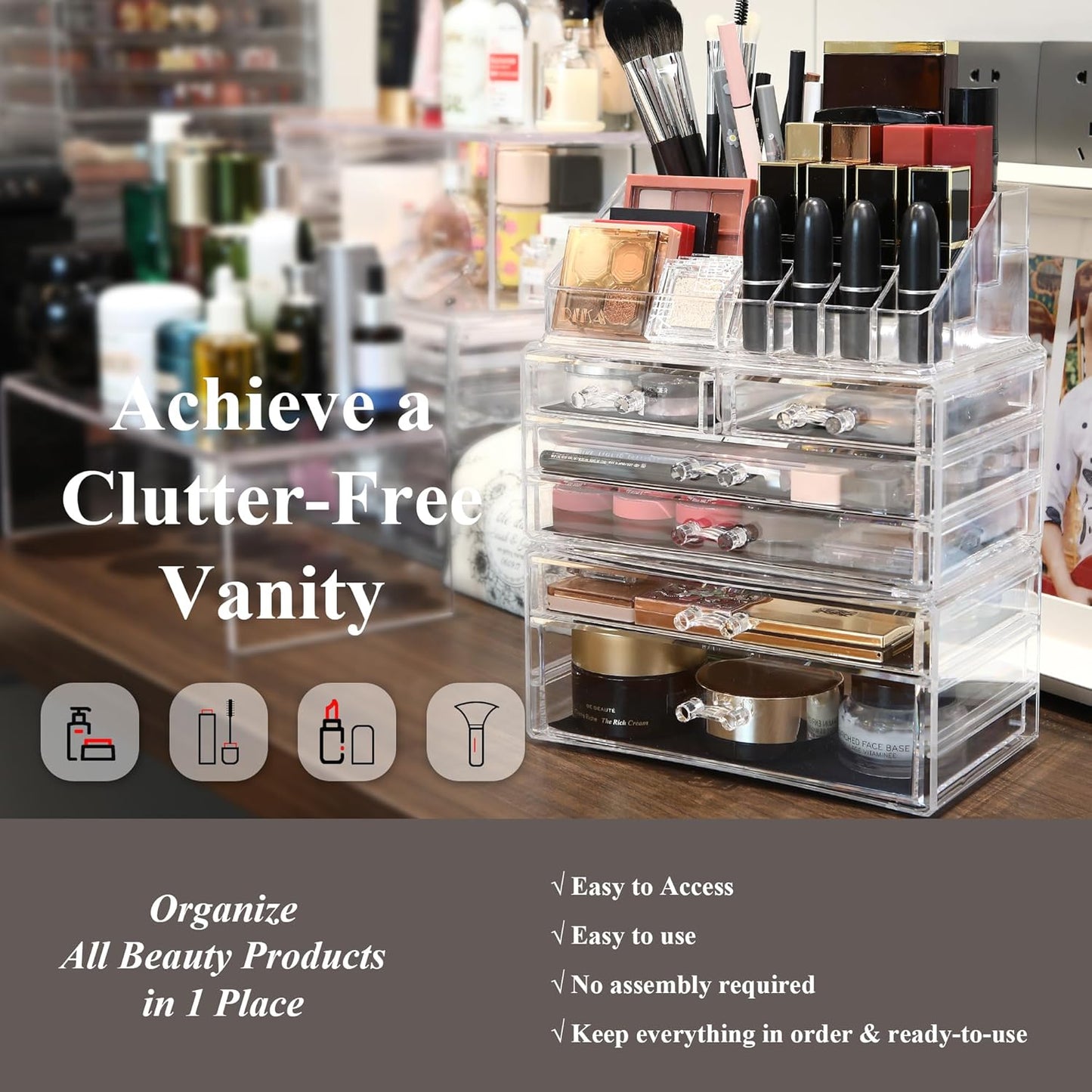 Sea Team Clear Makeup Organizer with Drawers, Acrylic Plastic Cosmetic Display Case, Jewelry Storage Box, Holder for Dresser, Bathroom, Vanity, Countertop (3 Middle Drawers)