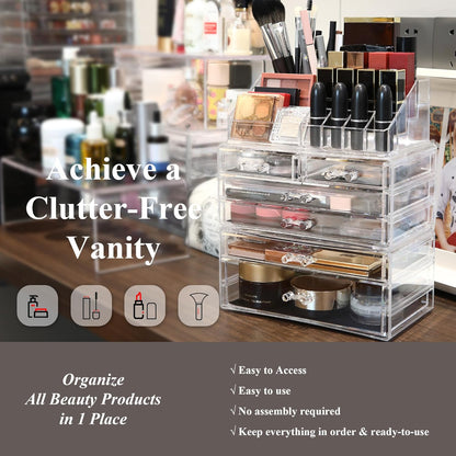 Sea Team Clear Makeup Organizer with Drawers, Acrylic Plastic Cosmetic Display Case, Jewelry Storage Box, Holder for Dresser, Bathroom, Vanity, Countertop (3 Middle Drawers)