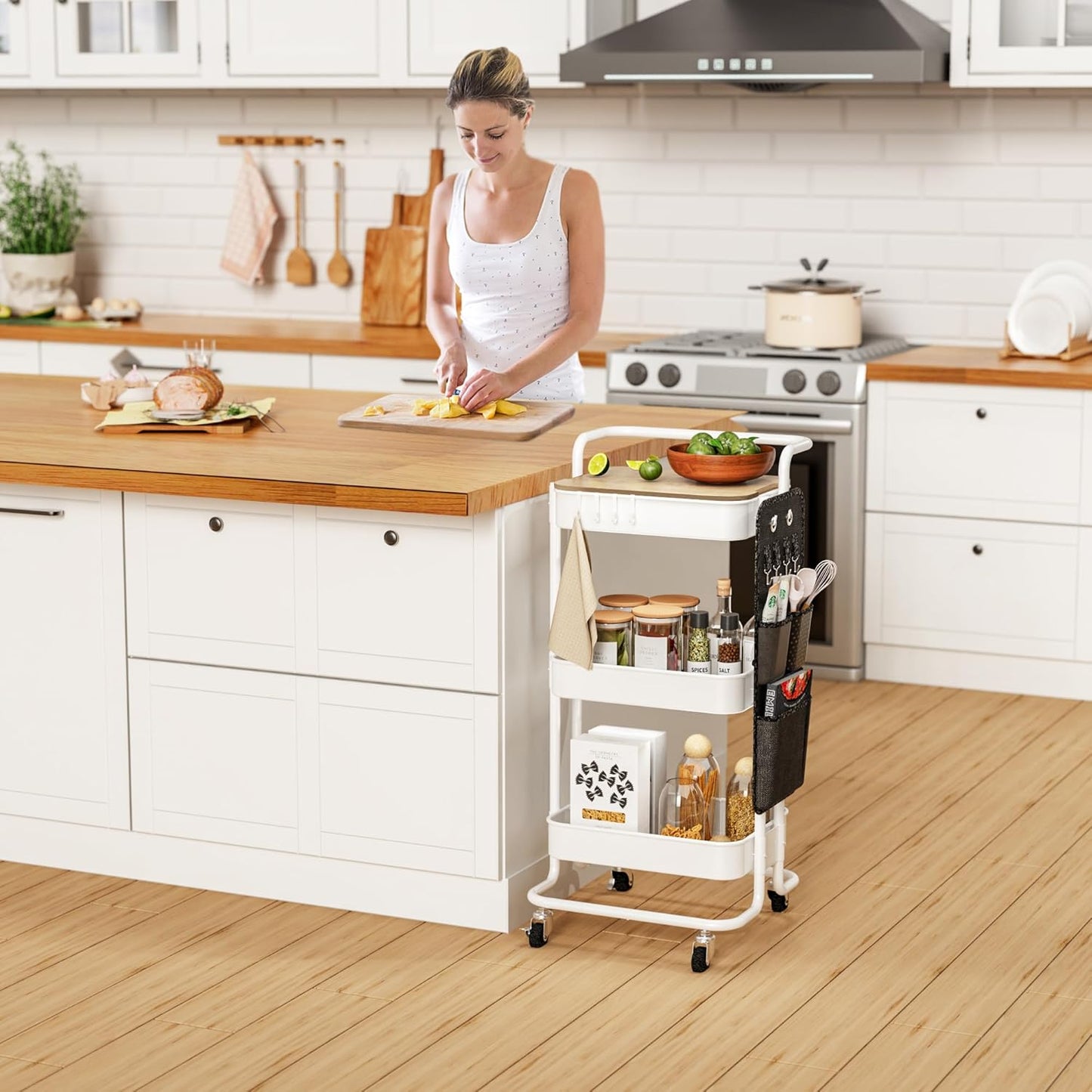DTK 3 Tier Metal Utility Rolling Cart with Table Top and Side Bags, Tray Storage Organizer Wheels, Art Craft 4 Hooks for Kitchen Bathroom Office Living Room (Black)