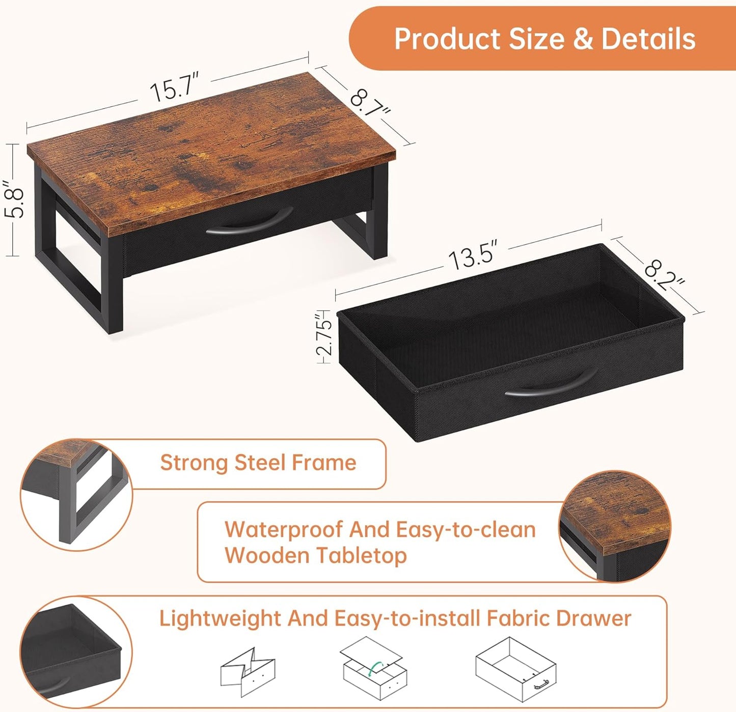 Computer Monitor Stand Riser, Desk Organizers and Accessories with Drawer, 2-Tier Laptop Stand for Desk, Office Organizer Storage, Wood
