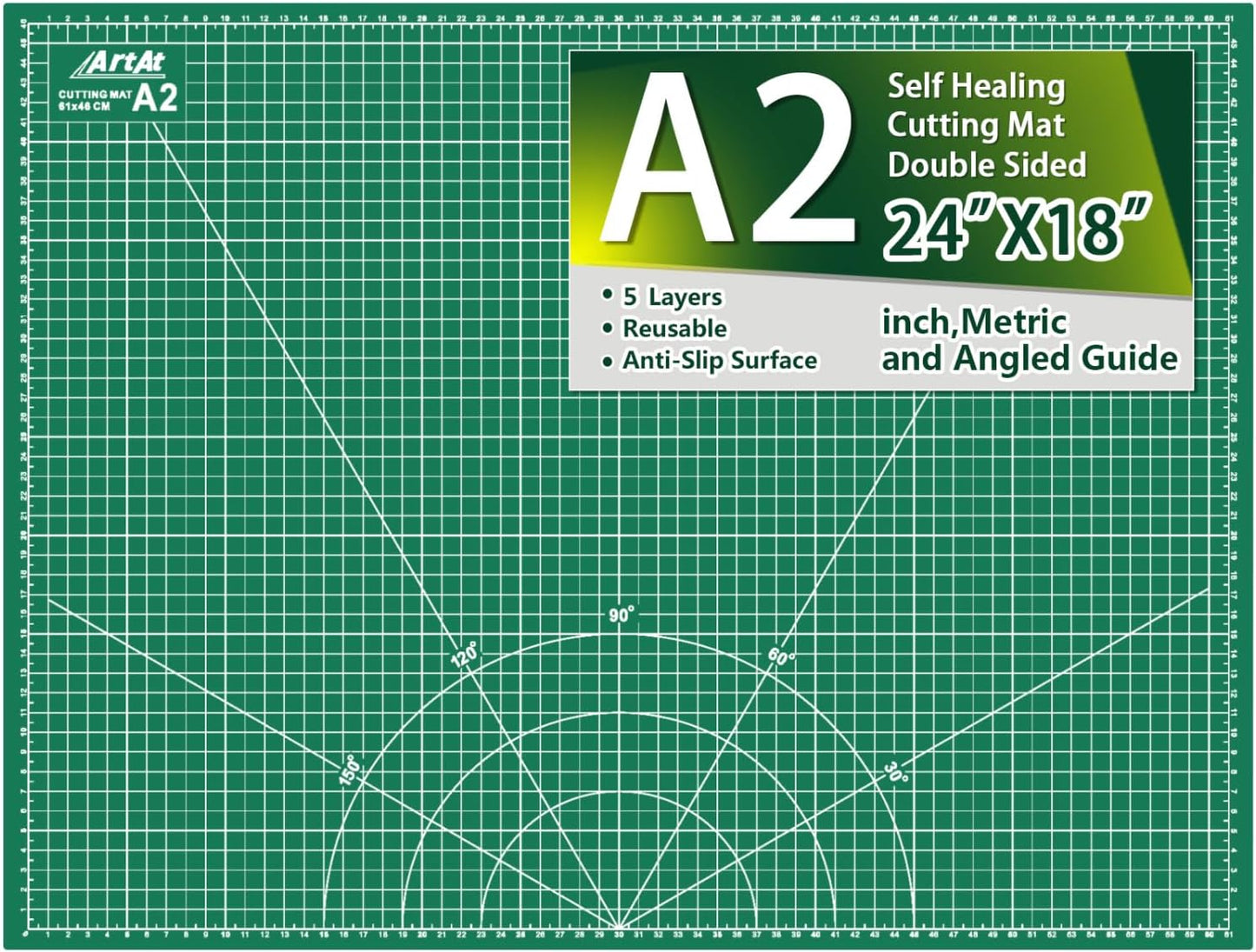 ArtAt Self Healing Cutting Mat: 24 x 36 inch Green Large 5-Ply Double-Sided Durable Non-Slip PVC Cutting Mat for Sewing Quilting Scrapbooking Art & Crafts projects…