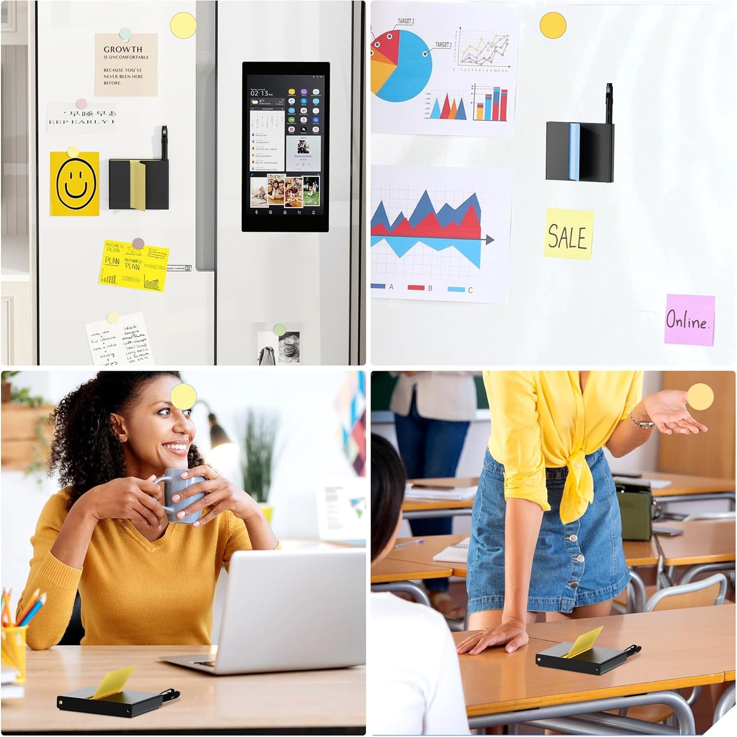 Sticky Note Dispenser, Magnetic Sticky Note Holder for Post It Notes, 3 x 3 Inch Sticky Note Pen Organizer for Office Home Classroom, Black