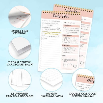 Decorably 52 Sheets Nude Pink Undated Daily to Do List Notepad, 6.5x10in Spring-Bound Easy Tear-Off Design, with Priorities, Checklist, Agenda, Reminders, Notes - Home, School, Office