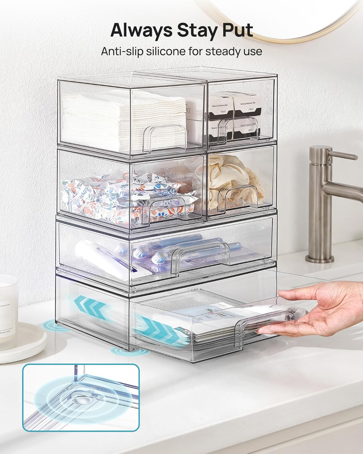 Vtopmart Stackable Storage Drawers Set of 3,Clear Plastic Organizer Bins for Makeup, Cosmetics, Beauty Supplies,Ideal for Vanity, Bathroom,Cabinet,Pantry Organization