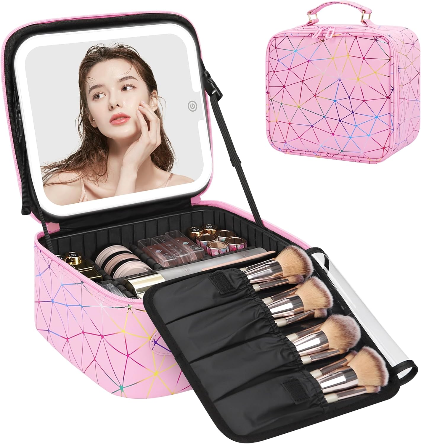 Relavel Travel Makeup Bag With LED Mirror, Cosmetic Train Case with Light up Mirror, Portable Makeup Artist Organizer Bag with Adjustable Dividers, Makeup Brush Holder Storage, Black