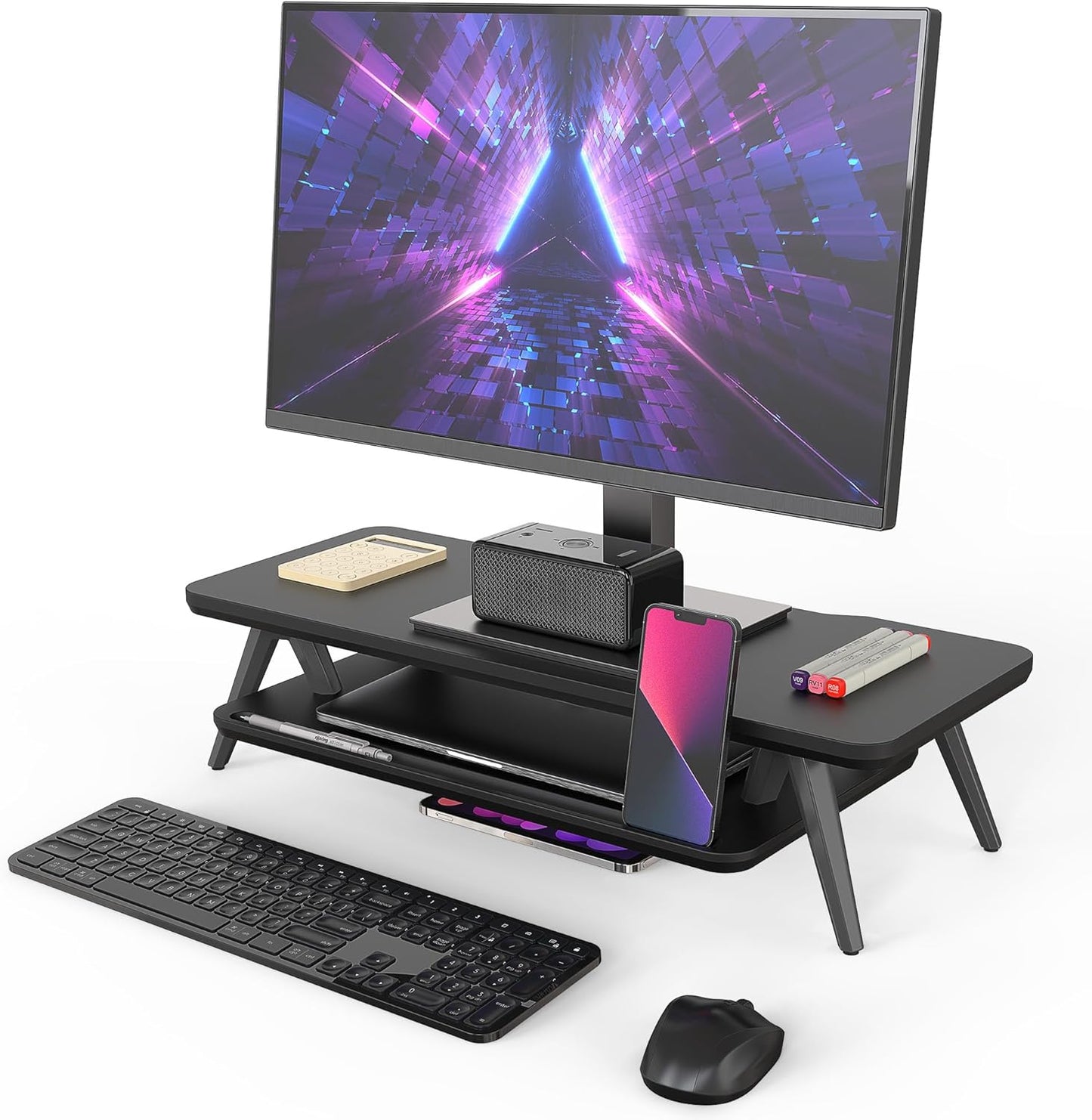 Fenge Dual Monitor Stand, Monitor Stands Riser for 2 monitors, 42.5 Inch Wood Desk Shelf with Storage Organizer and Cable Management for Office Desk Accessories