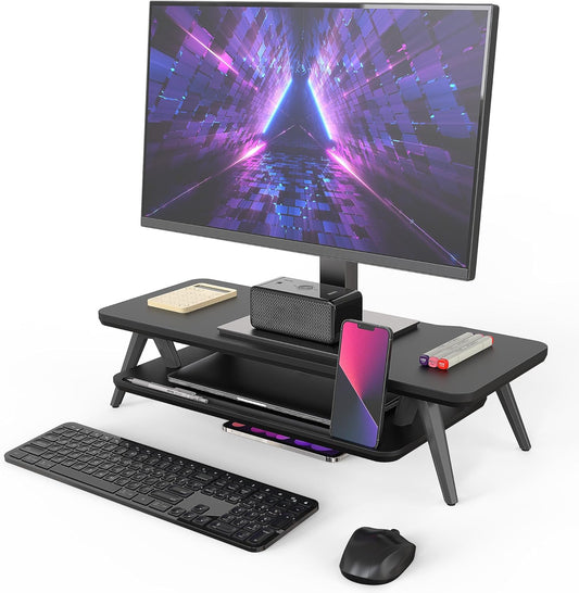 Fenge Dual Monitor Stand, Monitor Stands Riser for 2 monitors, 42.5 Inch Wood Desk Shelf with Storage Organizer and Cable Management for Office Desk Accessories