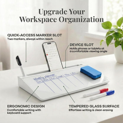 Birch Small Desktop Glass Whiteboard & Magnetic Calendar – Dry Erase Desk Pad Keyboard Stand with Storage, Adjustable Dividers, 3 Markers & Eraser – Office, Home & School (Moss)