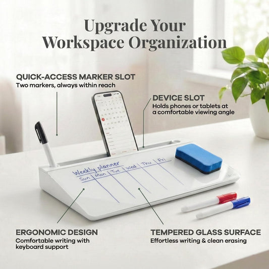 Birch Small Desktop Glass Whiteboard & Magnetic Calendar – Dry Erase Desk Pad Keyboard Stand with Storage, Adjustable Dividers, 3 Markers & Eraser – Office, Home & School (Moss)