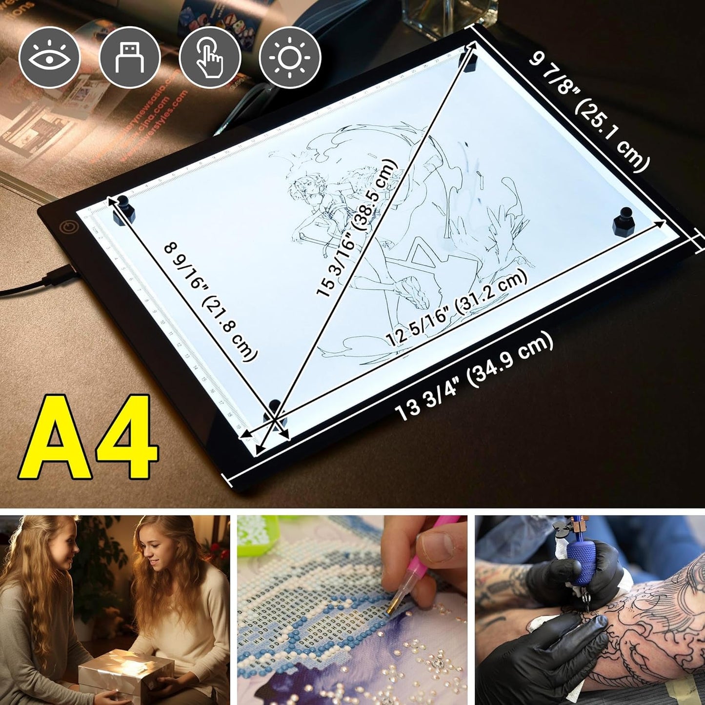 Yescom Portable A4 LED Light Pad with USB Power 14"x10" LED Light Box for Tracing Light Pad Dimmable for Art Diamond Painting Light Board Drawing Sketching Tattoo Animation