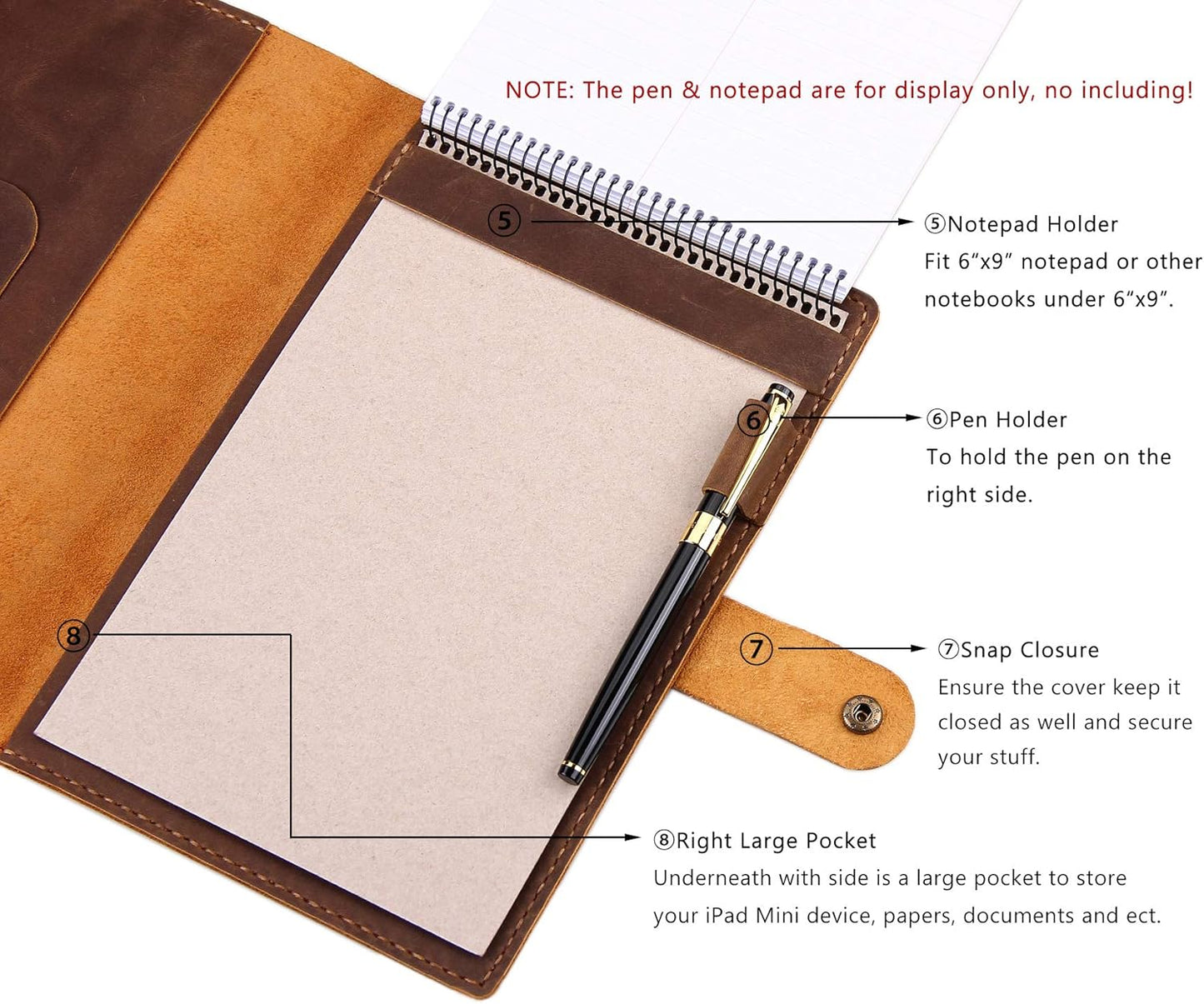 Robrasim Leather Cover for 6"x9" Steno Notebook, Leather Folio Cover Compatible with 6x9 Spiral Steno Pads, A5 Notebook Organizer with Pen Loop - Brown