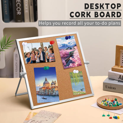 9.8"×9.8" Cork Board Bulletin Board, Double Sided Pin Board with Silver Aluminum Border, Desktop Small Cork Board with Stand Suitable for Home, Office, Desk Message Board or Picture Board