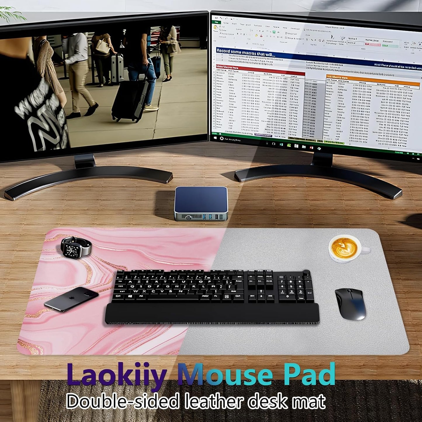 Dual-Sided Desk Pad, Large Mouse Pad - Natural Cork & PU Leather Non-Slip Waterproof Desk Mats for Office and Home (Blue, 31.5" x 15.7")