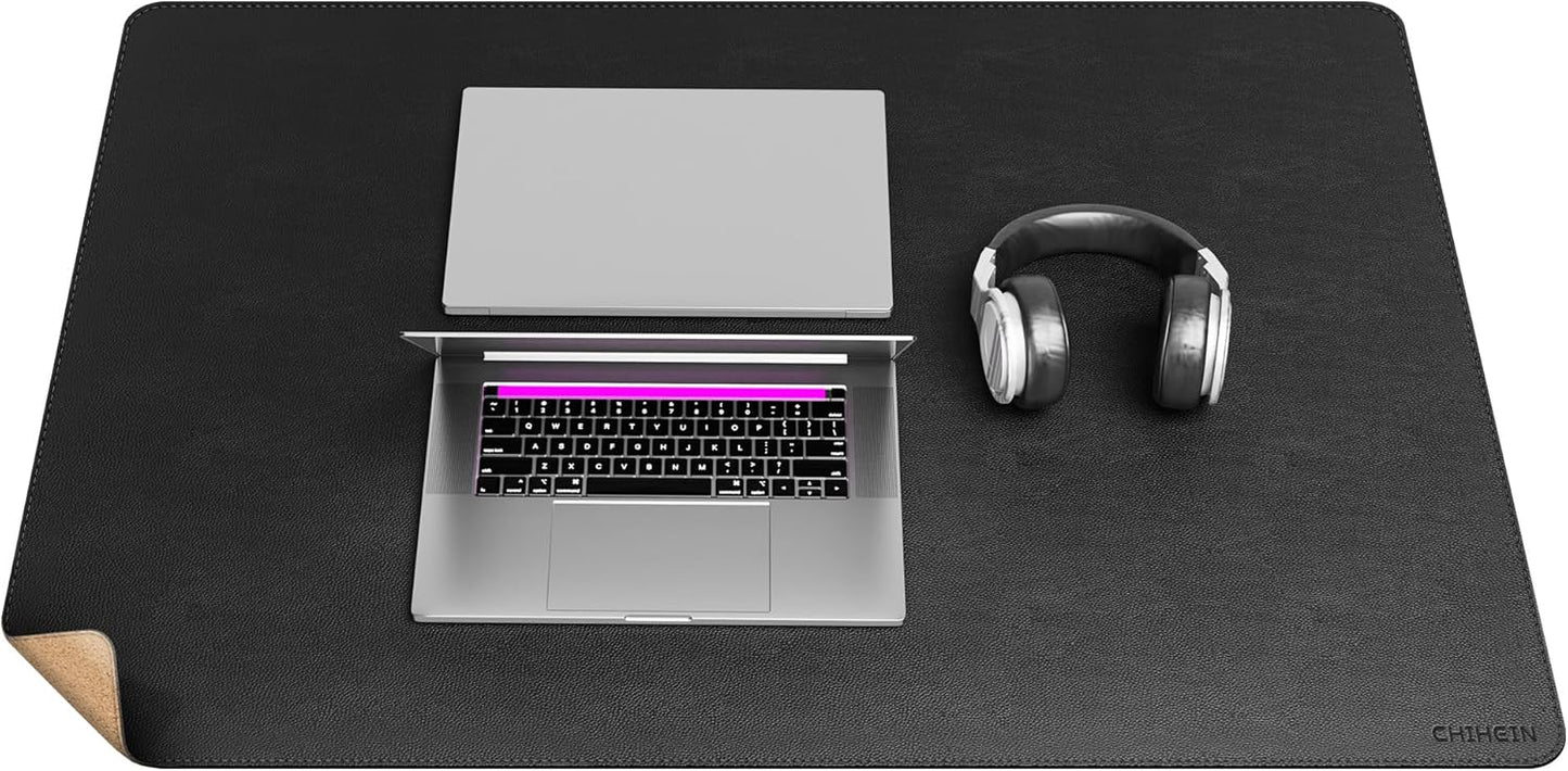Chihein 2XL 35" x 16" Cork & PU Leather Desk Mat, Dual Sided Desk Pad Protector, Waterproof Writing Blotter for Gaming, Office, Home (Black)