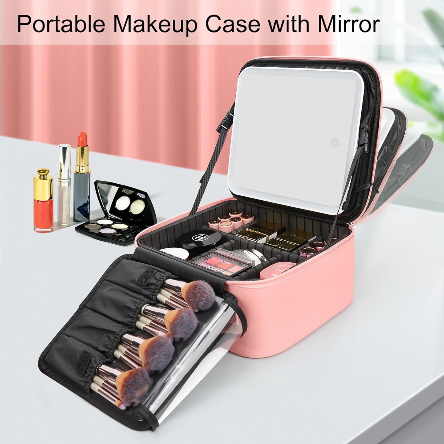 Relavel Travel Makeup Bag With LED Mirror, Cosmetic Train Case with Light up Mirror, Portable Makeup Artist Organizer Bag with Adjustable Dividers, Makeup Brush Holder Storage, Black