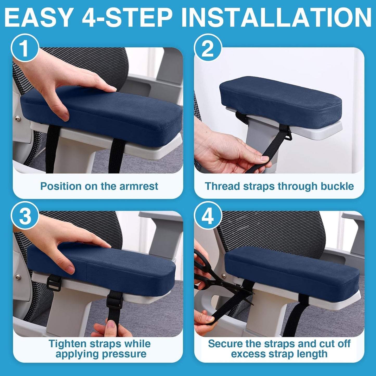 Smiry Ergonomic Office Chair Armrest Pads, Memory Foam Arm Rest Covers, Non-Slip Armrest Cushion with Adjustable Buckles and Straps, Elbow Relief for Desk, Gaming & Wheelchair (Black, Set of 2)