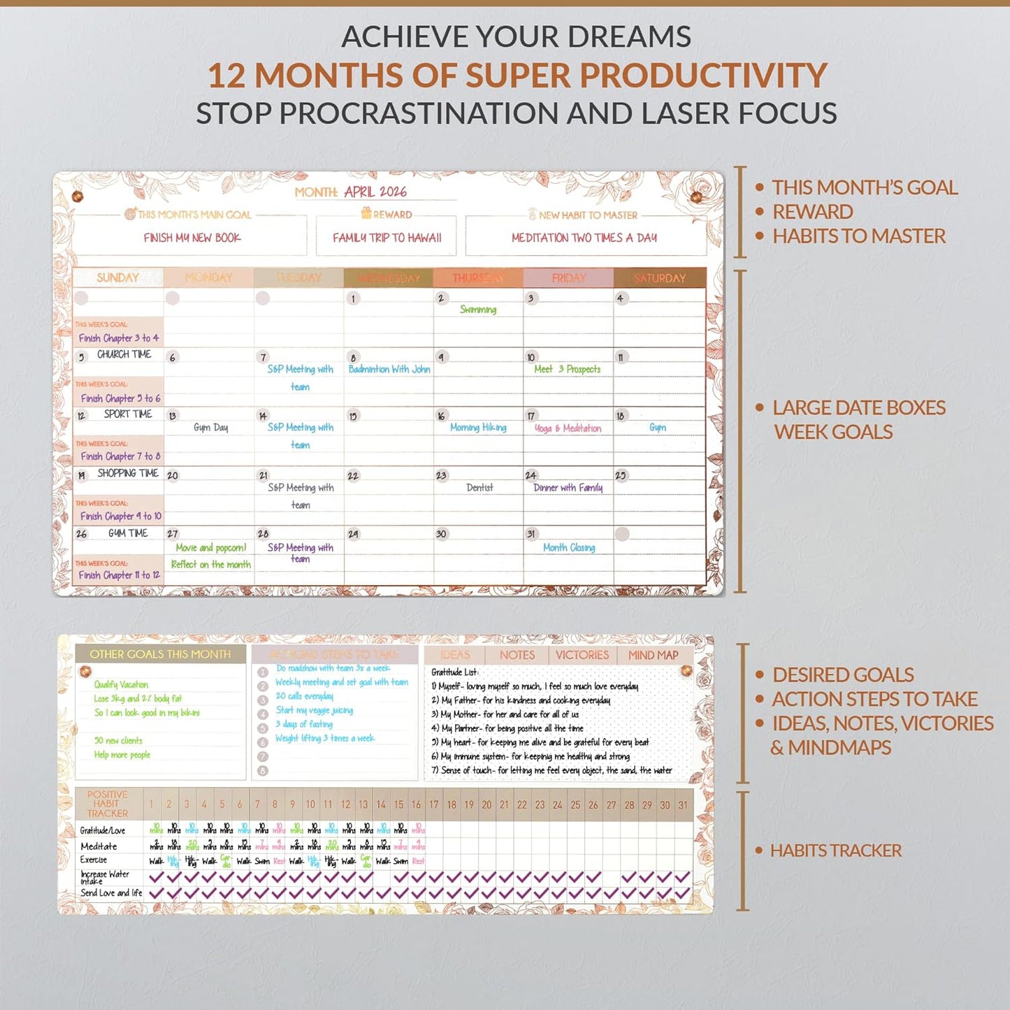 Magnetic Whiteboard for Fridge - Large Dry Erase Calendar for Wall | 2 Magnetic Dry Erase Board 10.5" x 16.5" & 7" x 16.5", Monthly Goal Setting & Habit Tracker, 5 Markers and 6 Adhesive Hooks