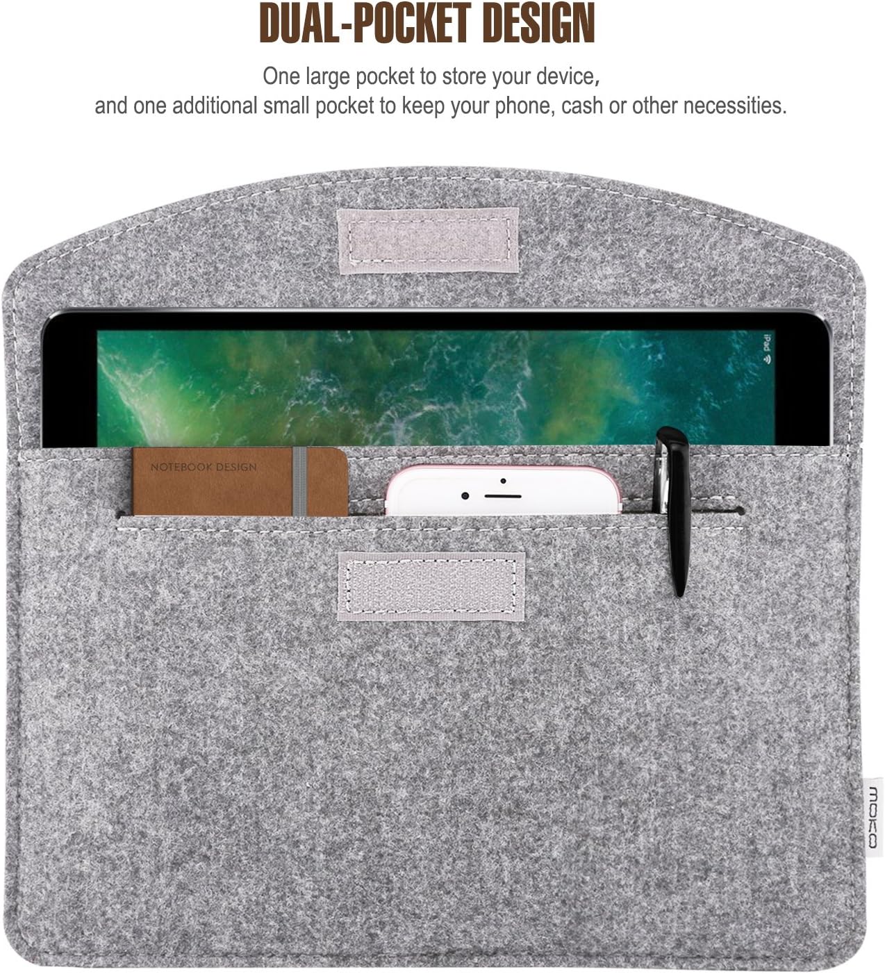 MoKo 9-11 Inch Felt Tablet Sleeve Bag Carrying Case Fits with New 11-inch iPad Air M2, New 11-inch iPad Pro M4, iPad 10th Gen 10.9, iPad 9/8/7th 10.2, iPad Air 5/4th 10.9, iPad 9.7 - Dark Gray