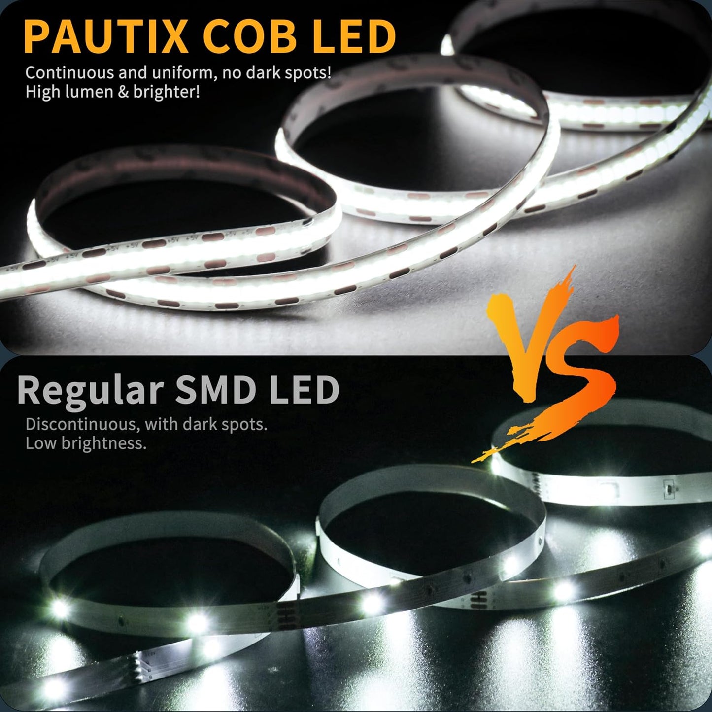 PAUTIX COB LED Strip Lights 5V USB Powered Dotless Super Bright Dimmable LED Lights 3000K Warm White 6.56ft TV Backlights,Flexible 3M Adhesive Under Cabinet Light for Bedroom,Kitchen,Shelf Lighting