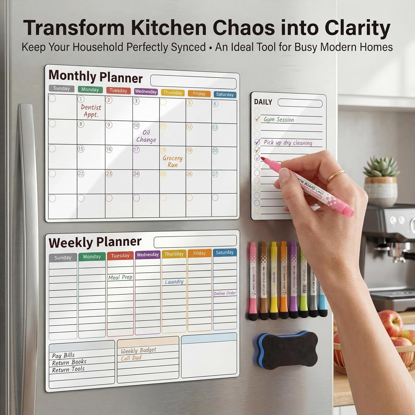 Magnetic Calendar for Refrigerator (3-Pack, Ships Flat) - 17"x12" Monthly, Weekly & Daily Planner with Lined Grids - Nano-Tech Dry Erase Board Fridge Whiteboard, 8 Markers & Eraser
