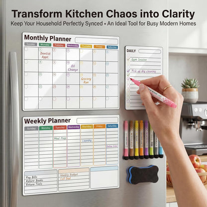 Magnetic Calendar for Refrigerator (3-Pack, Ships Flat) - 17"x12" Monthly, Weekly & Daily Planner with Lined Grids - Nano-Tech Dry Erase Board Fridge Whiteboard, 8 Markers & Eraser