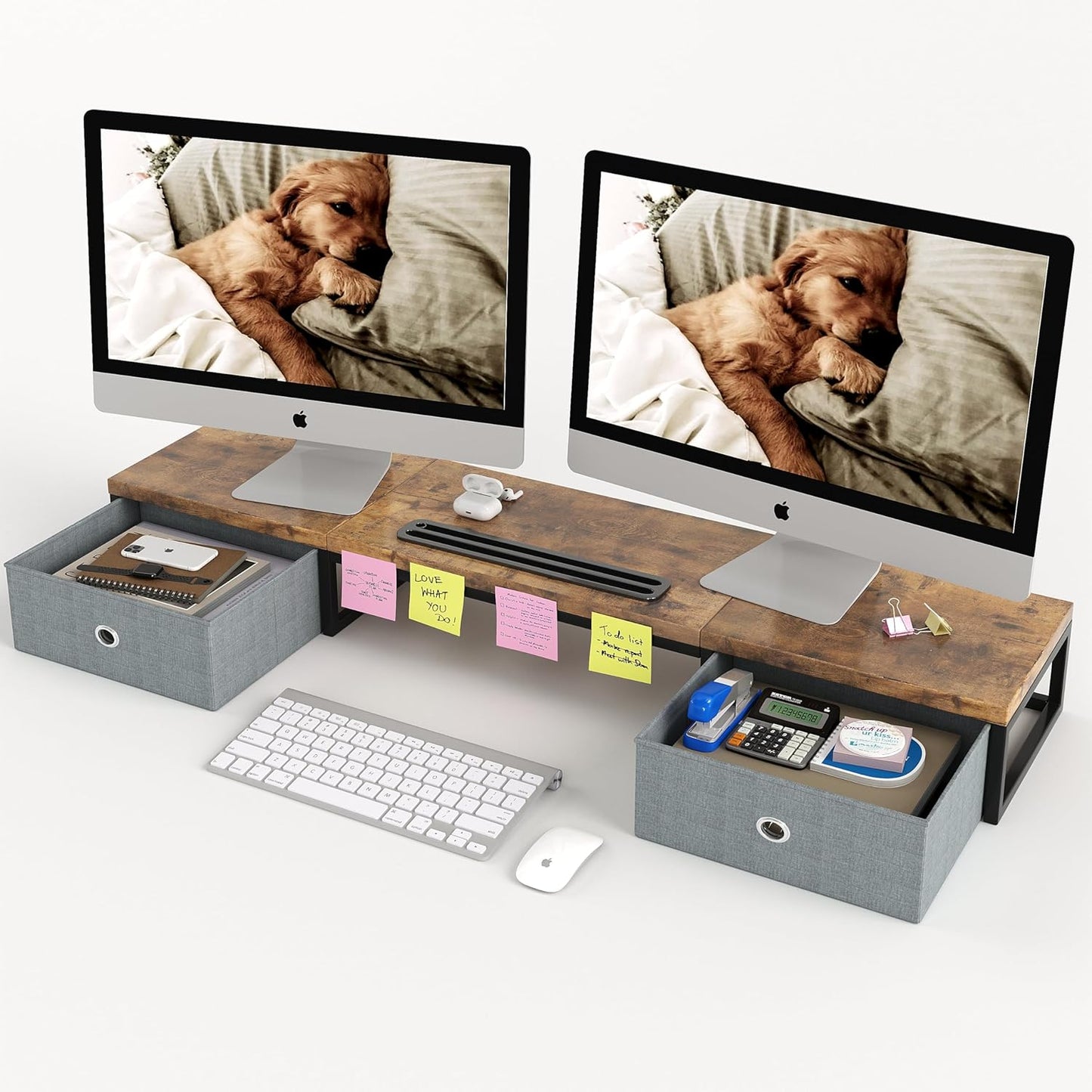 39 Inch Dual Monitor Stand Riser with 2 Drawers - Large White Wooden Computer Stand for 2 Monitors, Ergonomic Desk Organizer with Phone Holder, Desktop Storage for Laptop, Office Supplies, Home Office