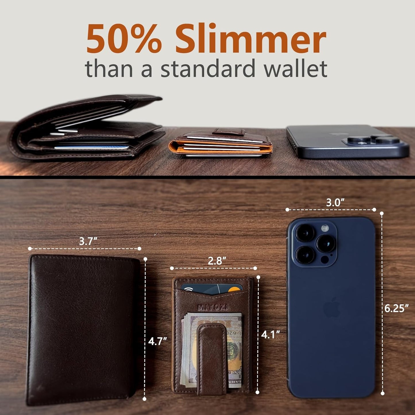 miyozi Airtag Wallet for Men- with Money Clip Gift Boxed, Magnetic Closure Slim Genuine Leather Front Pocket Wallet, 4.1"x 2.8", RFID Blocking