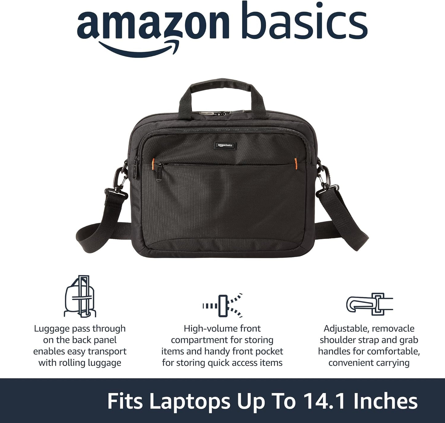Amazon Basics Laptop Tablet Carrying Case with Shoulder Strap and Grab Handles, 14-inch, Black, Compartments for Storage