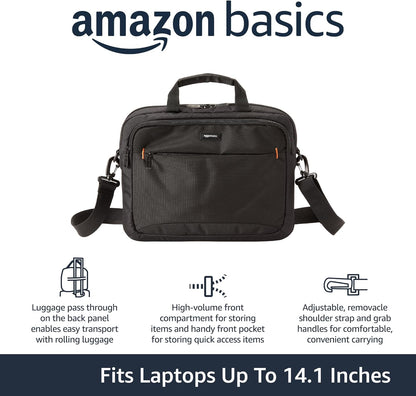 Amazon Basics Laptop Tablet Carrying Case with Shoulder Strap and Grab Handles, 14-inch, Black, Compartments for Storage