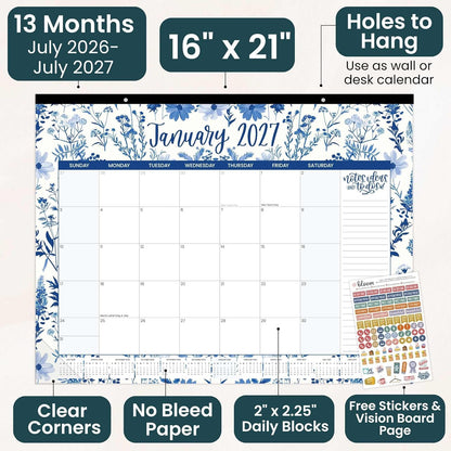 bloom daily planners Desk Calendar 2026-2027 - Academic Year Large Wall Calendar (July 2026 - July 2027) - 21” x 16” Desktop & Hanging Monthly Planner with Stickers for Home or Office - Seasonal