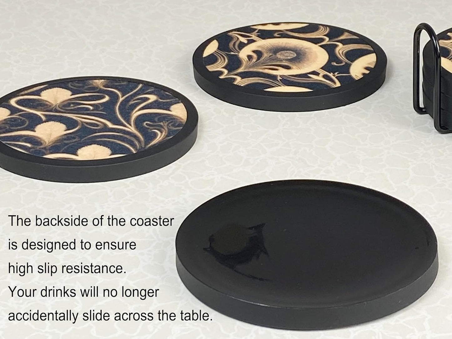 Absorbent Coasters for Drinks with Holder - 6packs, Silicone Coaster with Soft Felt Insert, Black (Coasters with Holder, Black)