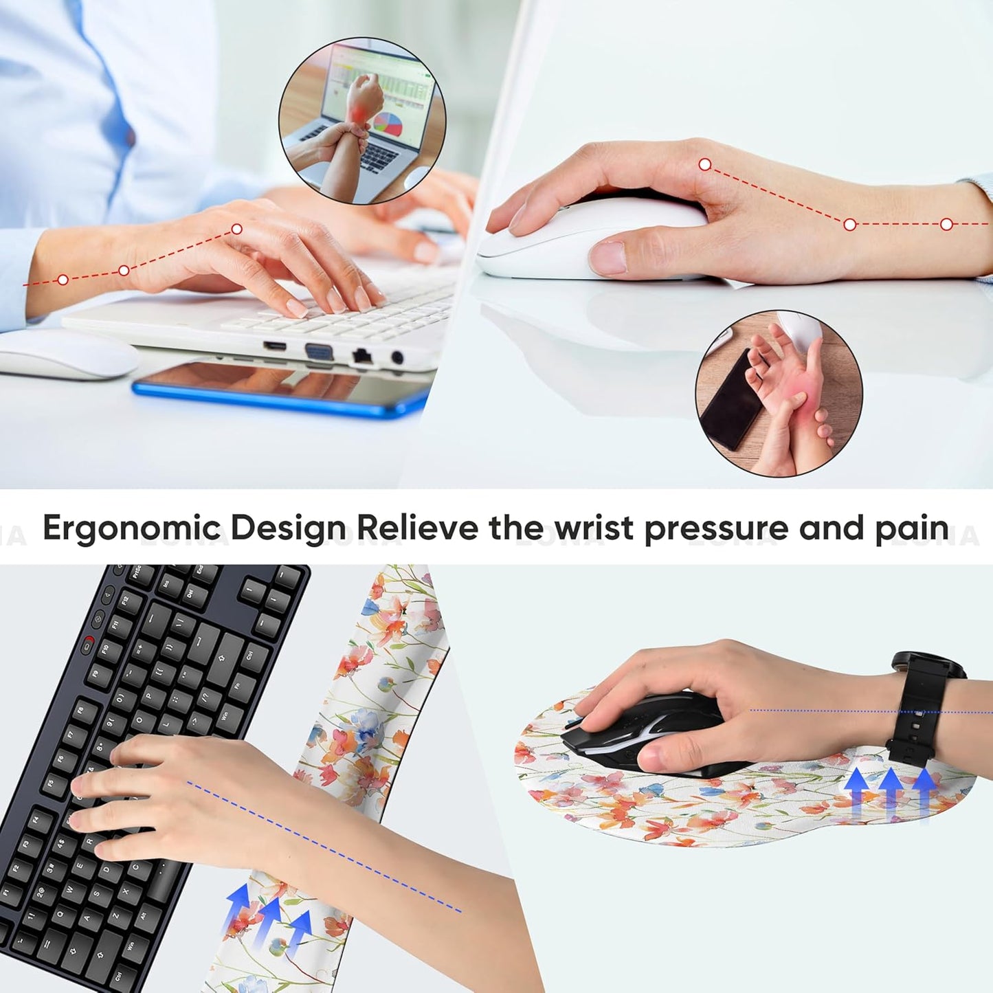 RICHEN Keyboard Wrist Rest and Mouse Pad with Wrist Support, Memory Foam Set for Gaming and Office, Comfortable & Lightweight for Easy Typing & Pain Relief (White Butterflies)