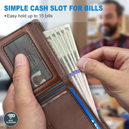 miyozi AirTag Wallet for Men, Slim Leather Bifold with Holder Slot, 2 ID Windows & 13 Card Slots, RFID Blocking Front Pocket Wallet with Gift Box