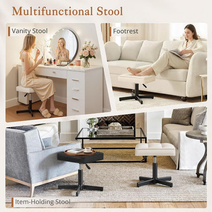LUE BONA Adjustable Vanity Stool, Foot Rest Under Desk, 360° Swivel Vanity Chair for Makeup Room, Black Upholstered Faux Leather Ottoman for Bathroom & Living Room, 300lbs